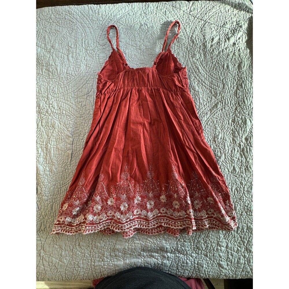Boho Crochet Babydoll Dress Red Embroidered Sequin Hippie Festival Cotton Sz M - Picture 5 of 8